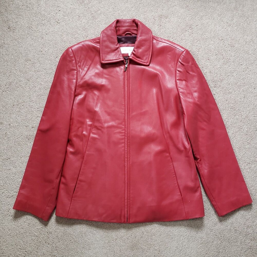 Vtg Liz Claiborne Red Genuine Leather Soft Full Zip Jacket Lined Pockets Large